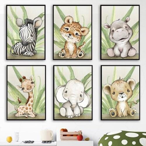 Cute Lion Elephant Giraffe Zebra Leopard Wall Art Canvas Painting Nordic Posters And Prints Animal Wall Pictures Kids Room Decor