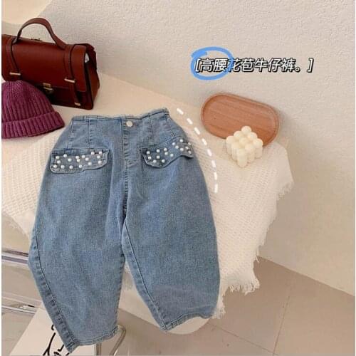 2021 new arrival girls boys denim beading long pants autumn fashion kids jean pants 2-8 years WS205