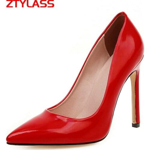 Pointed Toe Womens Shoes Fashion Thin High Heels Pumps Red Pink Patent Leather Office Dress Wedding Shoes Woman Big Size 34-44