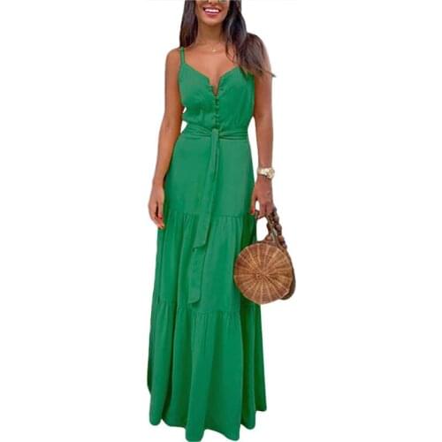 Boho Maxi Dresses Summer Sleeveless Buttons V-Neck Dress Long Vacation Long Dress Plus Size