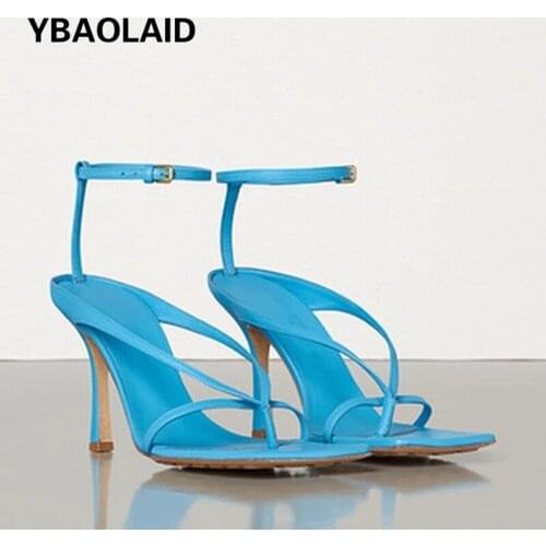 Summer Square-toe Sheepskin Nude Color Stiletto Sandals Fashion Open-toe Flip-flops Square Buckle One Word Strap Fashion Sandals