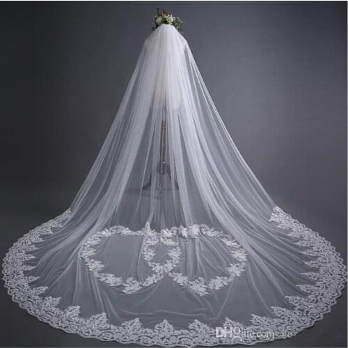 Custom Made Bride Veils Long Cathedral Length Elegant Lace Appliques 3M Wedding Veil HEART Pattern Fashion Long Wedding Veil