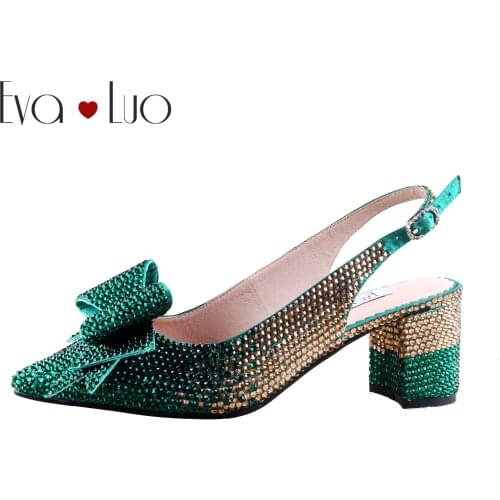 CHS1154 Custom Made Green Gold Crystal bowtie Pointed toe Shoes Slingbacks Block Heel Women Bridal wedding Shoes