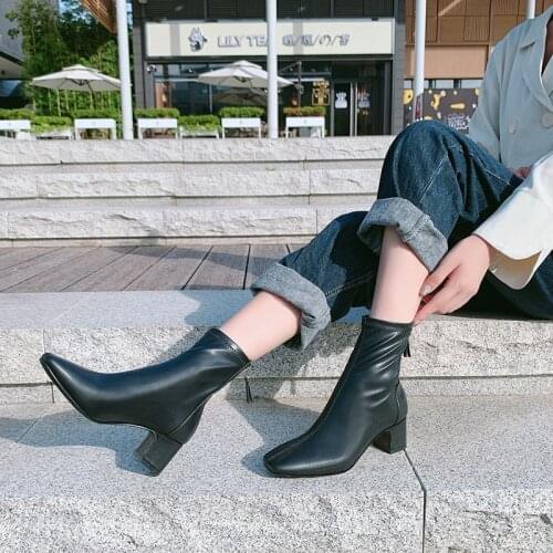 Fashion Single Shoes Square Head Back Zipper Patent Leather Sexy Womens Shoes Matte Semi-High Heeled Commuter Leather Boots