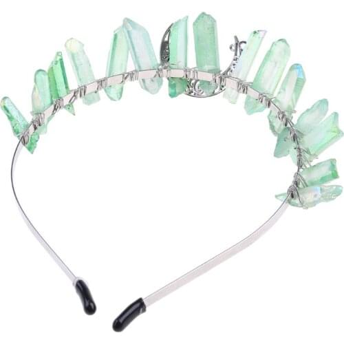 Boho Vintage Witch Tiara Contrast Color Faux Raw Quartz Crystal Headband Crown Bridal Weding Angel Aura Alloy Moon Fairy