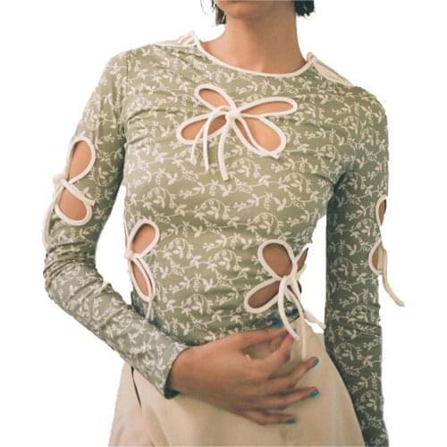 Womens T-shirt Round Neck Hollow Out Bowknot Lace-up Slim Floral Tops for Dating Party Vacation Travelling