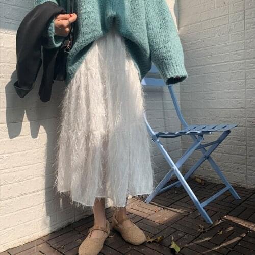 Women Spring White High Elastic Waist Bling Long Skirt Tassel A-line Princess Midi Skirts Brief Solid Color