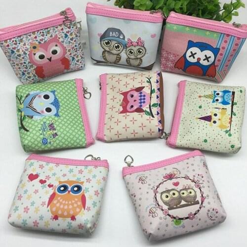 M024 Women Purses Cute Cartoon Owl Series PU Leather Coin Bag Key Data Cable Package