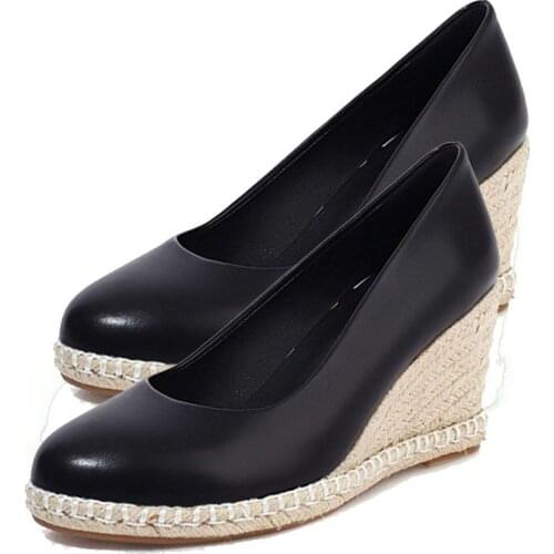 LIHUAMAO Split leather women high heel shoes platform round toe wedges ladies shoes party wedding dancing espadrilles pumps