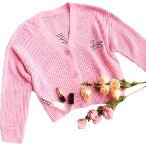 Women Long Sleeve Cardigan Harajuku Angel Letter Embroidery Pink Sweater Coat Ribbed Knit Buttons Oversized Jacket
