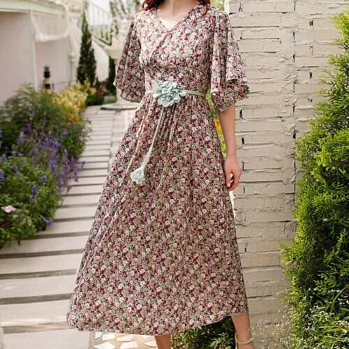Floral Print Casual Long Dress Fashion Loose V Neck Elegant A Line Dresses 2021 Summer Bohemian Half Sleeve Holiday Dress Women