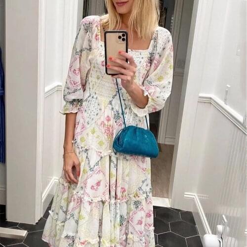 Foridol Print Patckwork Floral Boho Summer Autumn White Midi Dress Vestidos 2021 Square Collar Beach Elegant Maxi Long Dress