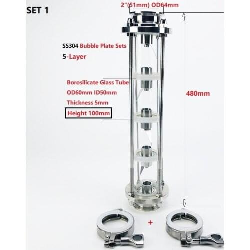 2'(51mm) OD64 SS304 Distillation Tower For Household Wine Making, 5-Layer High-Quality Glass Tower. Moonlight Distiller