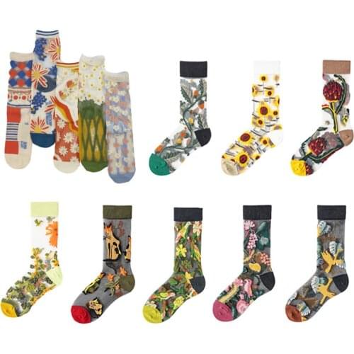 2021 Summer Fashion Womens Socks Art Flower Sunflower Bird Kawaii Trasparente Invisible Glass Silk Thin Breathable Sock