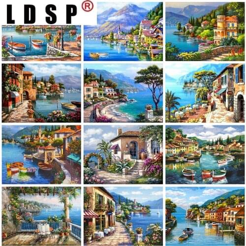LDSP 5D Diamond Painting Town Cross Stitch Mosaic Diamond Embroidery Seaside Landscape Full Square Rhinestones wall Home Decor