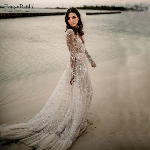 Sparkly Fireworks Lace Wedding Dresses Long Sleeve Backless Fashion Bridal Gowns Chic Bohemian Vestido De Noivas DW567