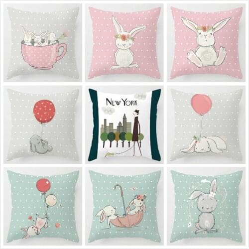 Nordic Cushion Cover Kids Room Decor Cute Pink Rabbit Bunny Cartoon Animal Throw Pillow Case 45x45cm Decorative Cushion Case