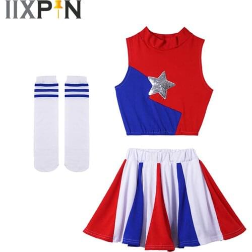 Cheerleader Costume Kids Girls Jazz Dance Costume Sleeveless Tops with Pleated Skirt Socks Set School Cheerleading Uniforms