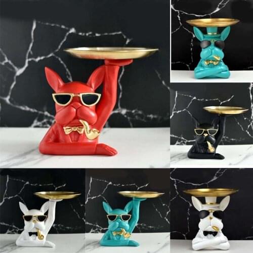 Creative Dog Figurine Statue Home Storage Decor Nordic Living Room Table Snacks Tray Decoration Craft With Stainless Steel Plate
