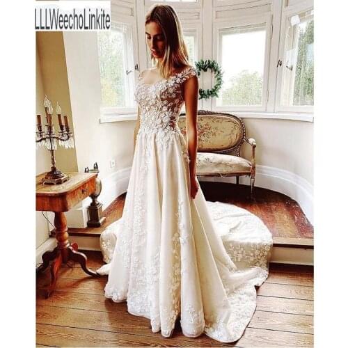 Lace Satin Tulle Floor-Length A-Line Wedding Dresses Chapel Train Sleeveless Scoop Bridal Gowns