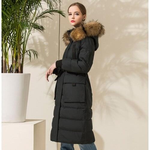 White Goose Down Jacket Women Real Racoon Fur Collar Long Coat Female Luxury Jackets with Belt Parkas Mujer KJ605