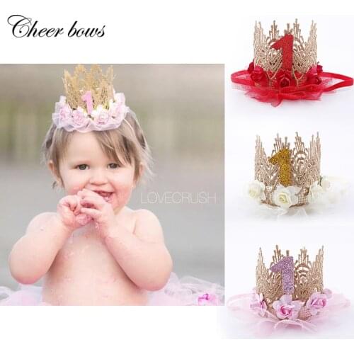 Lovely Baby 1 Year Old Headbands Cute Lace Crown Mesh Flower Hair Bands For Baby Girls Newborn Birthday Hair Accessories