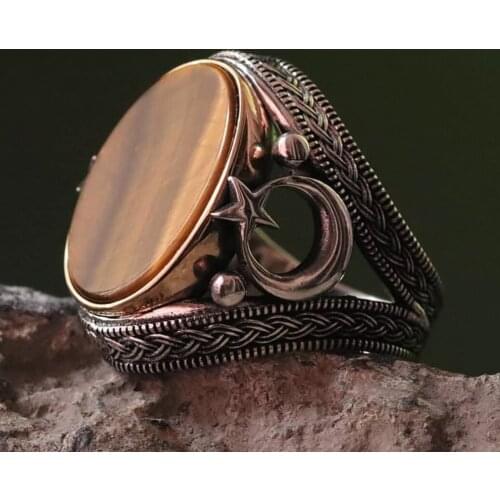 Solid 925 Sterling Silver Crescent Star Flat Tigers Eye Stone Mens Ring
