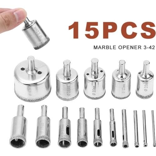 15pcs Diamond Hole Saw Drill Bits Set Glass Ceramic Tile Cutting Tool 3-42mm Cutter Stainless Steel Plate Iron Metal Cutting Kit