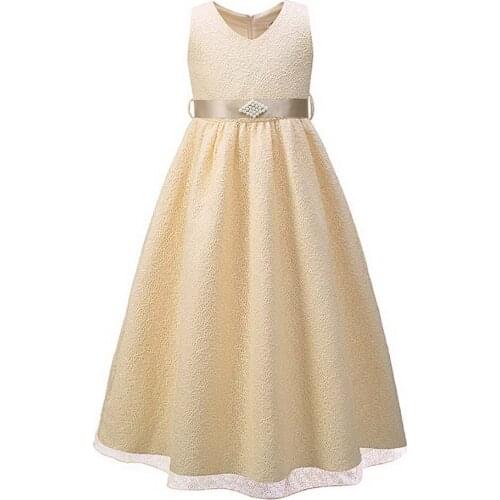 New Princess Dress for Girl Beige Knee-length Sleeveless Lace Tulle with Belt Diamond Embroidery Size 7 8 9 10 11 13 Years Old