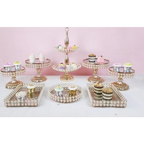 New arrive 1-14 pcs electroplate gold pearl cupcake wedding cake stand mirror barware decorating cooking cake tools