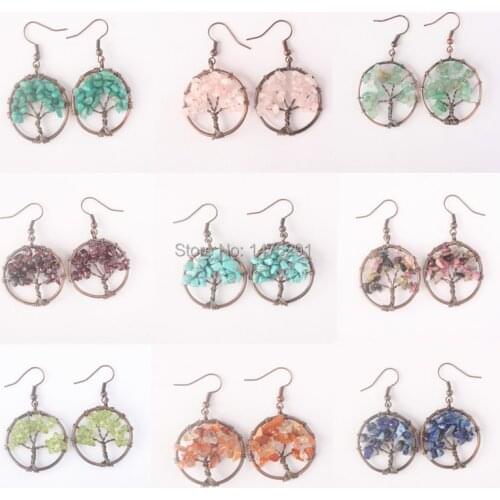 NEW Tree Of Life Wire Wrapped Tumbled Stone Beads Copper Alloy Round Dangle Drop Hook Earrings 1pair