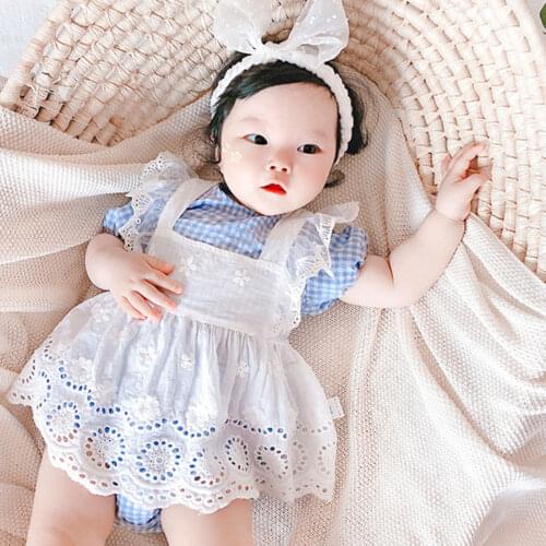 Infant Baby Girls Clothes 2Pcs Summer Short Sleeves Cotton Toddler Rompers and Lace Suspender Skirt Newborn Princess Baby Dress