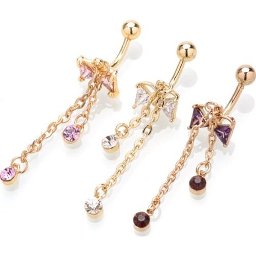 1PC Sexy Dangling Navel Piercing Belly Button Ring Oreja 14G Bowknot Cubic Zirconia 316L Surgical Steel Belly Piercing Jewelry