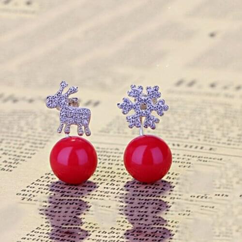 925 Sterling Silver Earrings Snowflake Deer Stud Earrings With Red Ball Decoration For Women Fashion Jewelry Best Gift