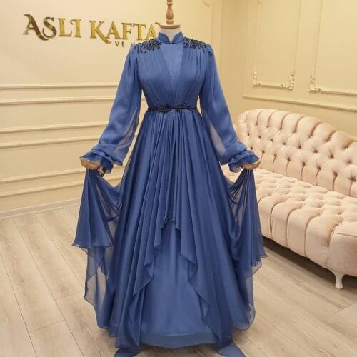 Chiffon Appliques Long Sleeve Muslim Prom Dress High Neck A Line Pleats Saudi Arabic Evening Formal Party Gowns платье 2021