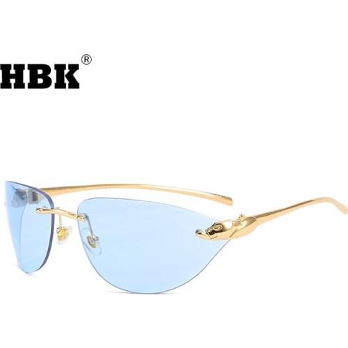 HBK New Vintage Cat Eye Rimless Sunglasses Women Men Gold Black Blue Metal Luxury Brand Design Male Female Eyewear UV400