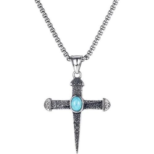 Stainless Steel Christ Blue Stone Cross Vintage Pendant Necklace Jewelry Gift For Him with Chain