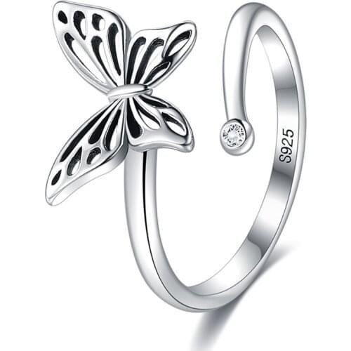 ZEMIOR 925 Sterling Silver Openwork Butterfly Finger Rings For Women Adjustable Open Ring Fine Jewelry Party Gift New Arrival