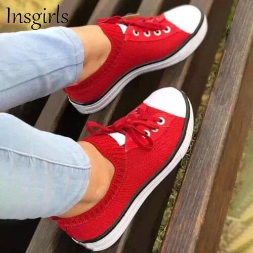 Womens Casual Shoes 2021 Autumn New Knitted Fabric Ladies Lace Up Comfy Flats 36-43 Large-Sized Female Running Walking Sneakers