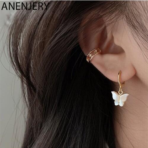 ANENJERY 925 Sterling Silver Fashion Butterfly Hoop Earrings for Women Gold Elegant Party Jewelry Gifts Accessories S-E1352