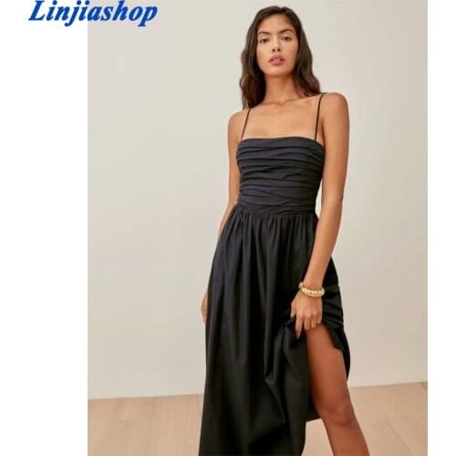 Elastic Slim Sexy Plated Summer Dress Backless Slash Neck Braces Long Dress Women Black Dresses French Style