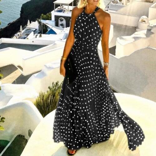 Sexy Halter O Neck Boho Long Dress Women Summer Sleeveless Pleated Maxi Party Dress Elegant Lady Polka Dot Beach Dress Vestidos