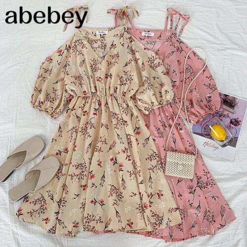 2021 New Summer Women Temperament All-match V-neck off shoulder Dress waist slim floral short Dress