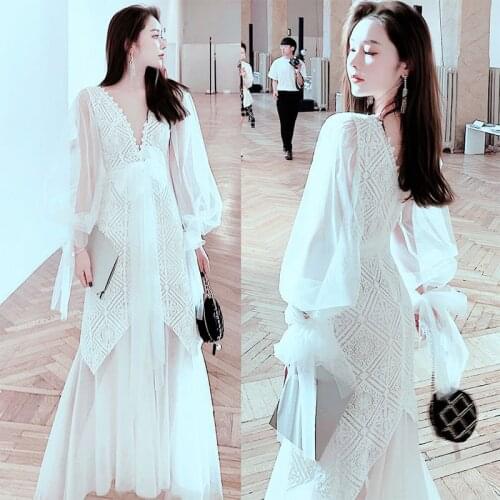 2020 New White Lace Dress High quality Mesh Long Sleeve Sexy Deep V Neck High Waist Runway Dress Evening Party Club Clothes