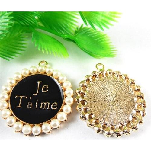 2PCS/Pack Black+Gold Alloy Flower French Words " love you" Pendant Charms Handmade Craft for Earrings,Necklace 37*33*4mm 50988
