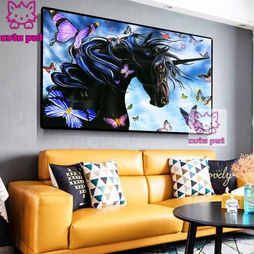 Black unicorn and butterfly diy full square round diamond painting 5d diamond Cross stitch animals embroidery crystal Home deco