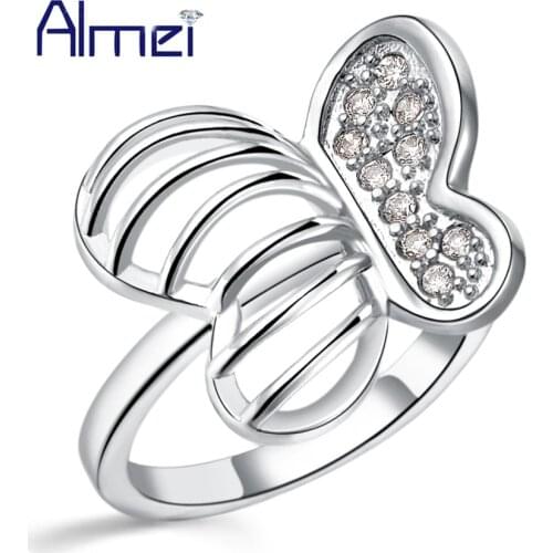 Almei 5%Off Wedding Beautiful Butterfly Rings Silver Color Jewellery with Zirconia Ring For Women 2017 Jewelry Anillos Gift J311