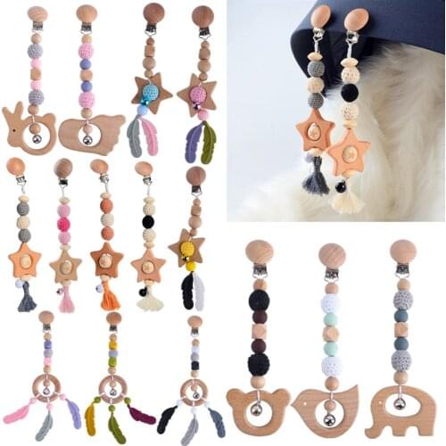 Baby Wooden Teether Silicone Beads Teether Pacifier Clip Chain Rattle Bell Dummy Clip Stroller Pram Clip Nursing Molar Soother