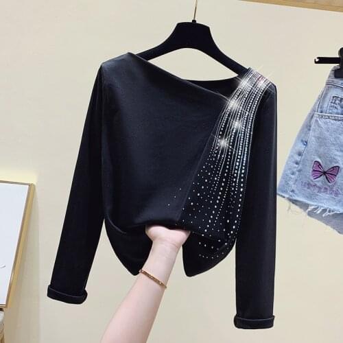Korean Style Women T-Shirt Plus Size Cotton Long Sleeve Hot drilling Tshirt Tops Autumn Winter One Neck T Shirt Femme Clothing