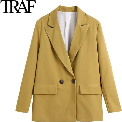 Traf Za Women Clothing Korean Fashion Double Breasted Blazers Autumn Vintage Flap Pocket Loose Jacket Coat Mujer